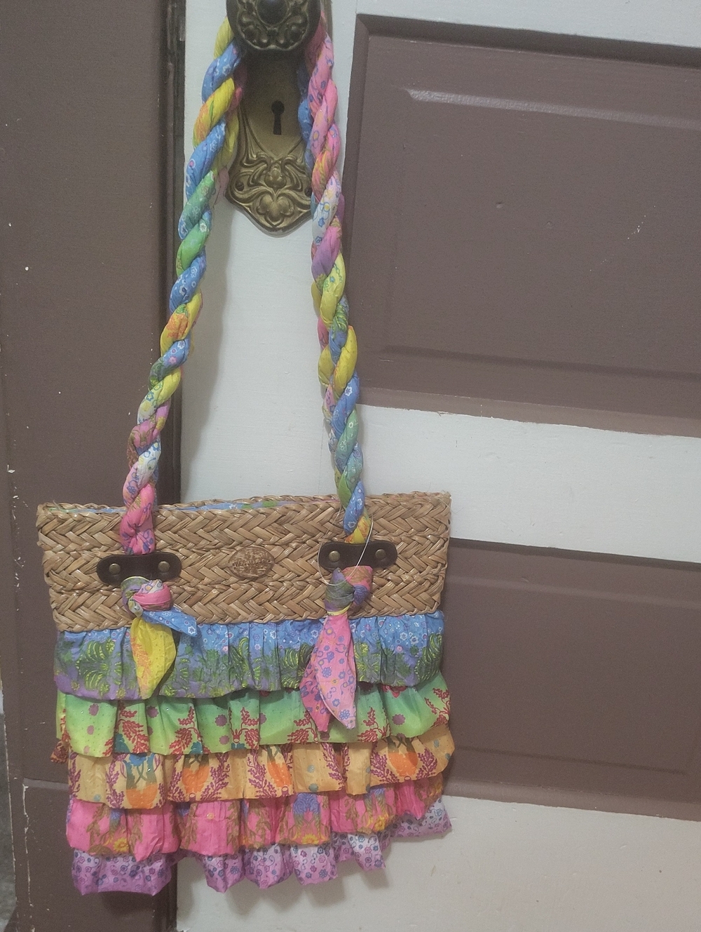 Boho Multicolor Ruffle Straw Shoulder Bag